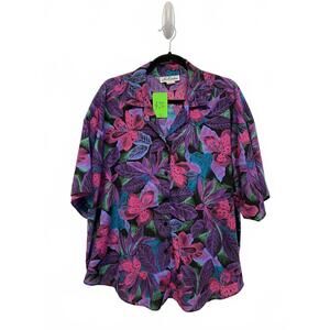 80s Vintage Ms. Caribou Floral Print Button-Up Shirt Aloha Cute Plus Size 22W 42